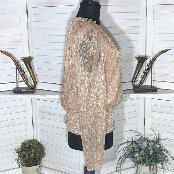 Joie Shimmer Blouse Smocked Waist Long Sleeve Chiffon Silver Gold Metallic Sz L - Picture 3 of 12